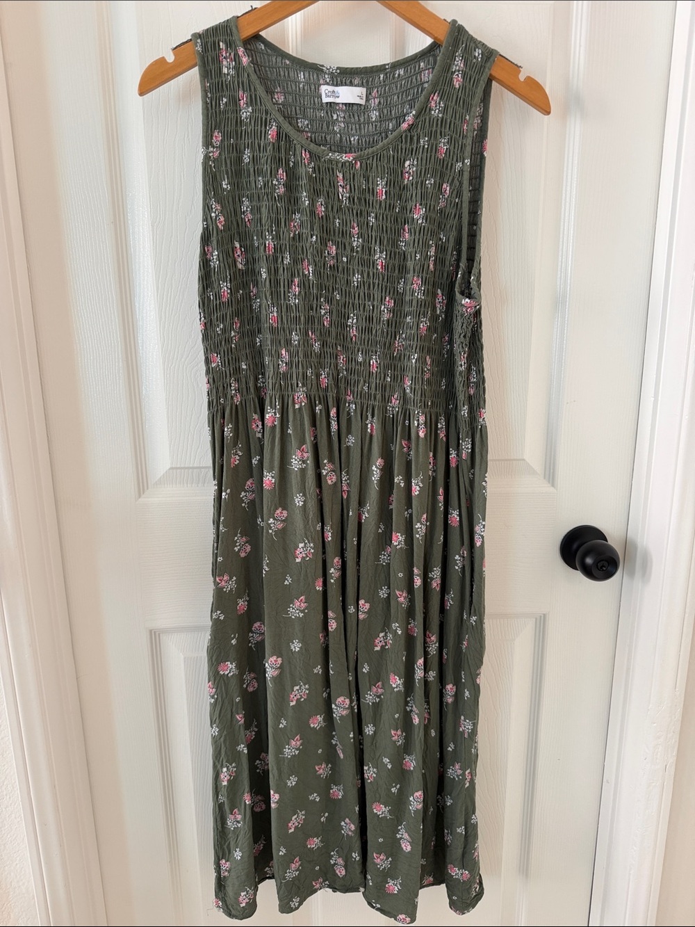 Croft & Barrow Olive Green Floral Smocked Tank Dress with Pink Accents